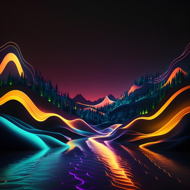 Colorful neon wavy line glowing in the dark landscape under river night scene abstract background ai