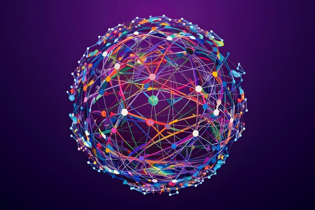 Colorful network of interconnected points mesh structure deep purple background