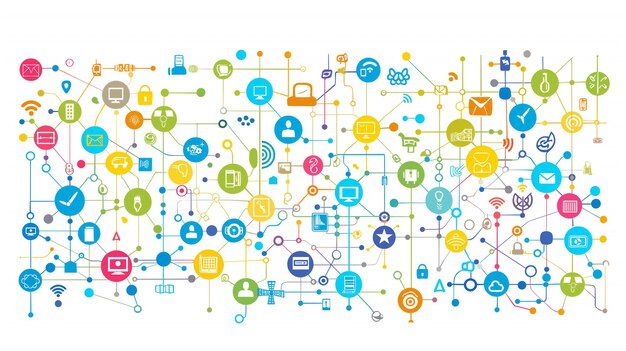 Colorful network of interconnected technology icons illustrating digital communication and interconn