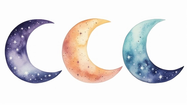 Colorful New Moon Isolated on White Background Watercolor HandDrawn Abstract Moons AI Generated