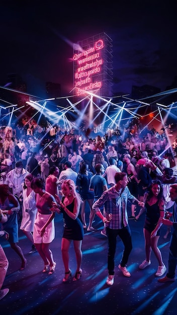 Photo a colorful night scene with people dancing in the foreground and a neon light in the background