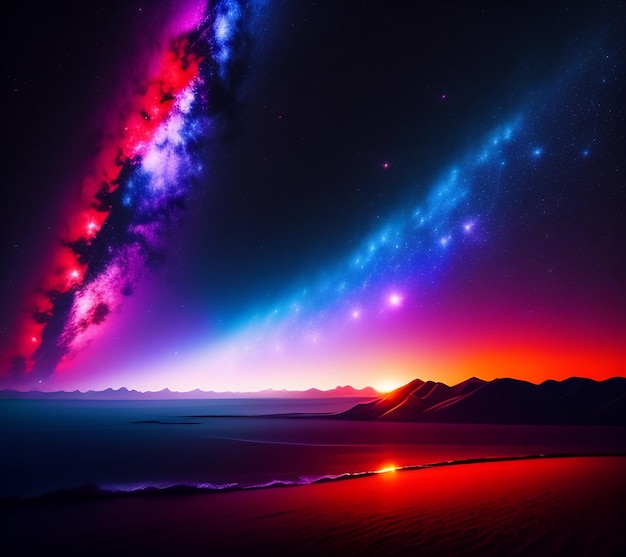 A colorful night sky with a mountain in the background and a nebula in the center.