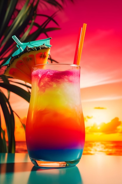 Colorful nonalcoholic cocktail Summer refreshing drink concept Aperitif on a summer background Generated AI