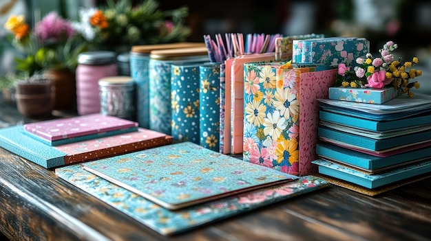 Photo colorful notebooks and stationery arranged on a wooden table