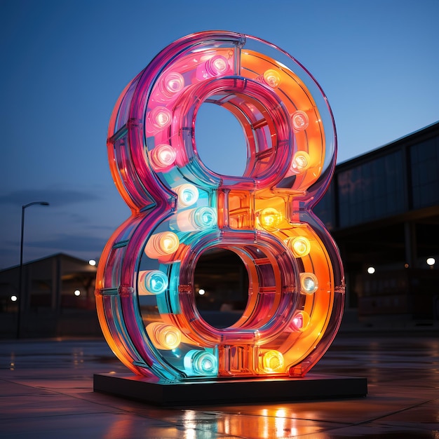 a colorful number 8 is lit up in a circle