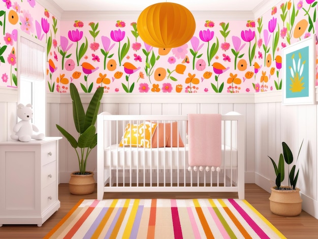 Photo colorful nursery with floral wallpaper and white crib