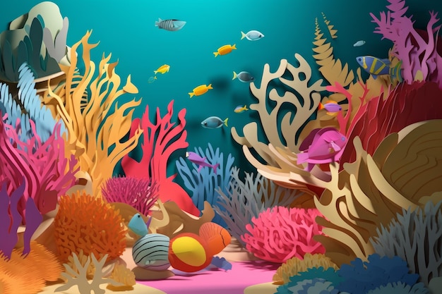 A colorful ocean scene with a coral reef and fish.