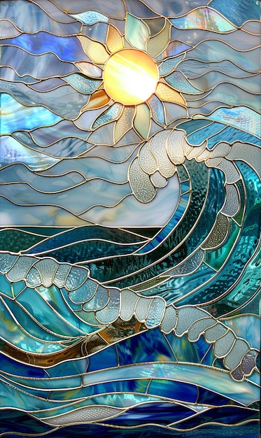 a colorful ocean scene with a wave and the sun shining through the water