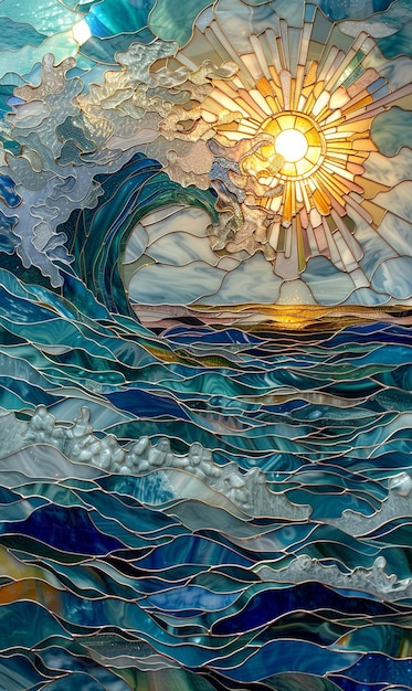 a colorful ocean scene with a wave and the sun shining through the water