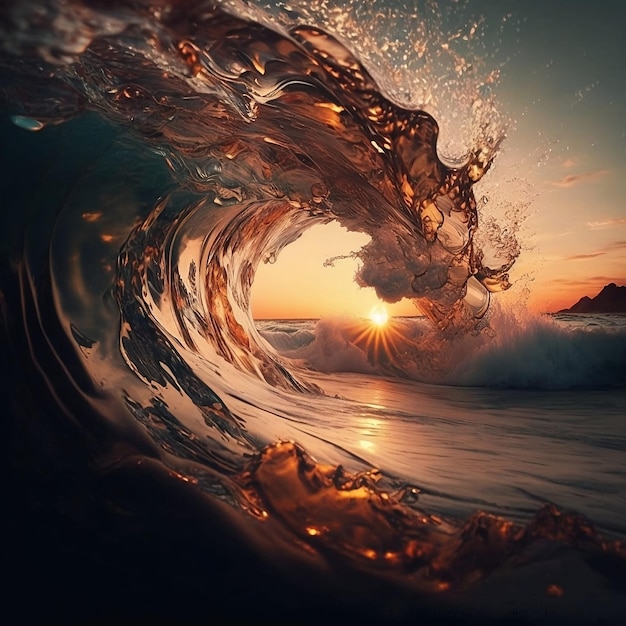 Colorful Ocean Wave Sea water in crest shape Sunset light and beautiful clouds on background Digital art