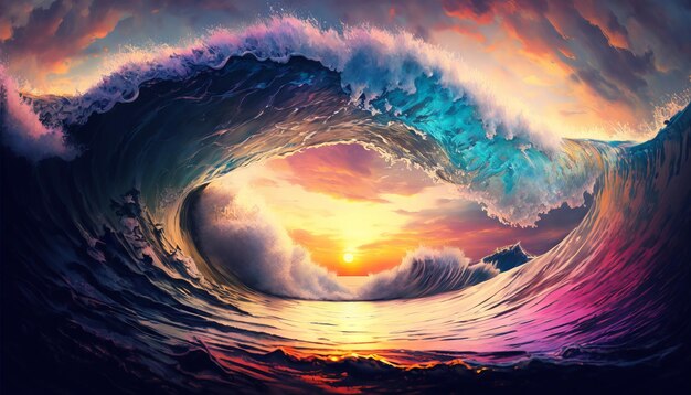 Colorful Ocean Wave Sea water in crest shape Sunset light and beautiful clouds on background Generative ai