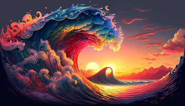 Colorful Ocean Wave Sea water in crest shape Sunset light and beautiful clouds on background Generative ai