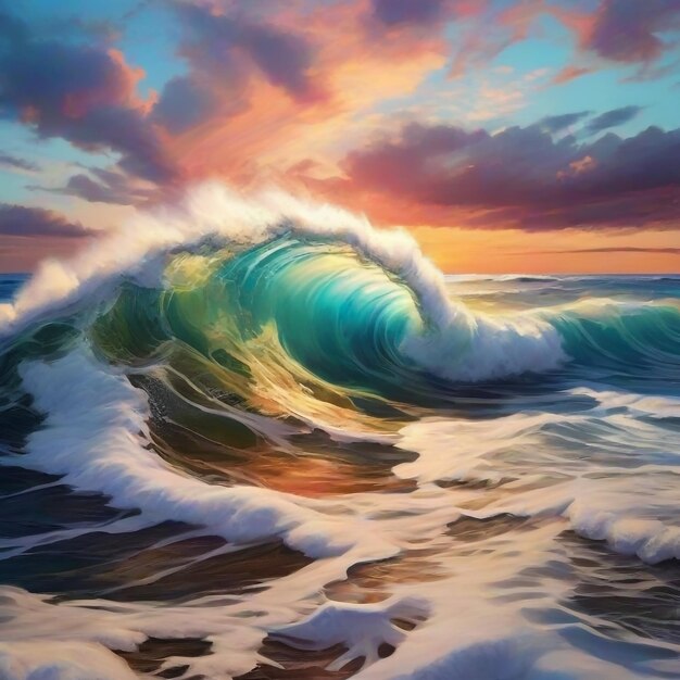 Colorful Ocean Wave Sea water in crest shape Sunset light and beautiful clouds on the background