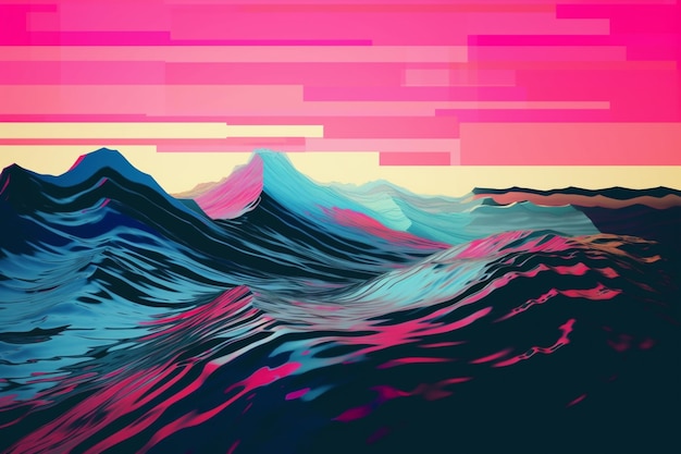 A colorful ocean with waves and the words sea and mountains on it.