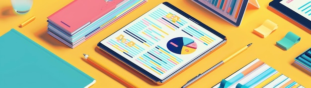 Photo colorful office desk with tablet displaying charts graphs and books pencils and sticky notes in a mo