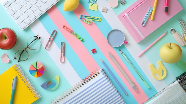 Colorful office supplies on a pastel background