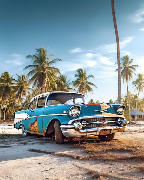 colorful offroad car on the beach with palm trees and sun happy vibes