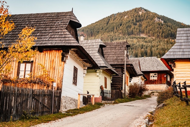 Colorful old wooden houses in Vlkolinec Unesco heritage Mountain village with a folk architecture Vlkolinec ruzomberok liptov slovakia