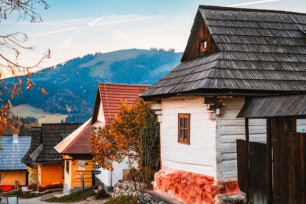 Colorful old wooden houses in Vlkolinec Unesco heritage Mountain village with a folk architecture Vlkolinec ruzomberok liptov slovakia