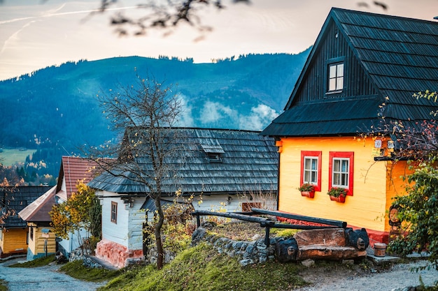 Colorful old wooden houses in Vlkolinec Unesco heritage Mountain village with a folk architecture Vlkolinec ruzomberok liptov slovakia