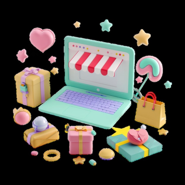 Colorful online shopping setup with gifts and decorations