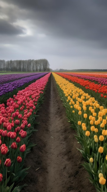 Colorful open field with beautiful tulips Generative AI