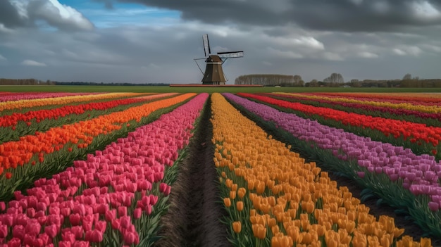 Photo colorful open field with beautiful tulips generative ai