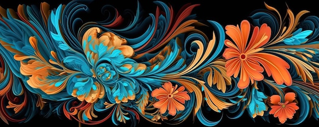 Colorful orange and blue flowers and leaves Repeating floral horizontal border Generative AI