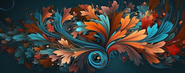 Colorful orange and blue flowers and leaves Repeating floral horizontal border Generative AI