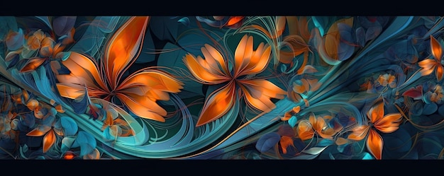 Colorful orange and blue flowers and leaves Repeating floral horizontal border Generative AI