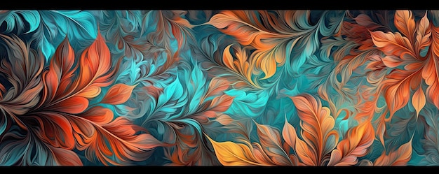 Colorful orange and blue flowers and leaves Repeating floral horizontal border Generative AI