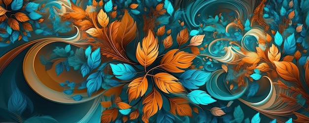 Colorful orange and blue flowers and leaves Repeating floral horizontal border Generative AI