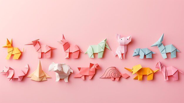 Colorful origami animals on a pink background