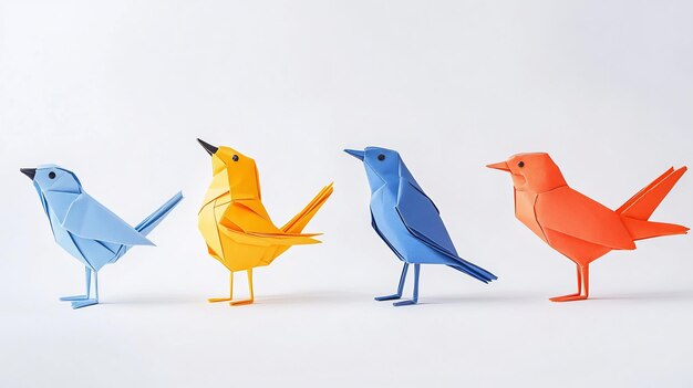 Photo colorful origami birds lined up on a white background