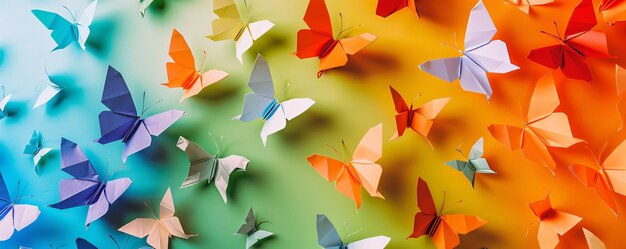 Colorful origami butterflies adorn a vibrant rainbow gradient backdrop