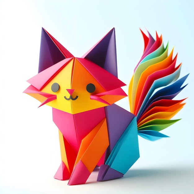 Colorful Origami Cat on a Simple White Background