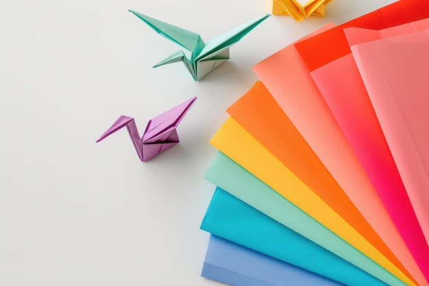 Photo colorful origami cranes surrounded by vibrant sheets of paper in a creative workspace setting