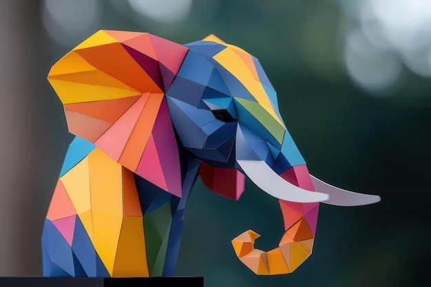 Colorful origami elephant sculpture on a blurred background