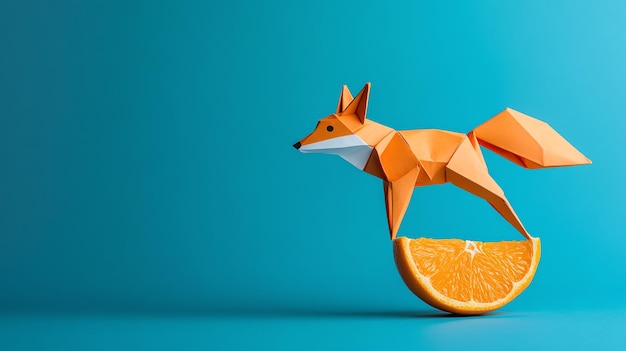 Photo a colorful origami fox stands on an orange slice against a blue background