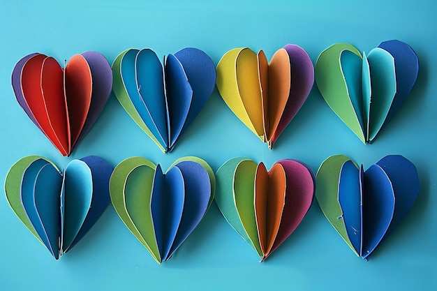 Colorful origami hearts on blue background Valentines day concept