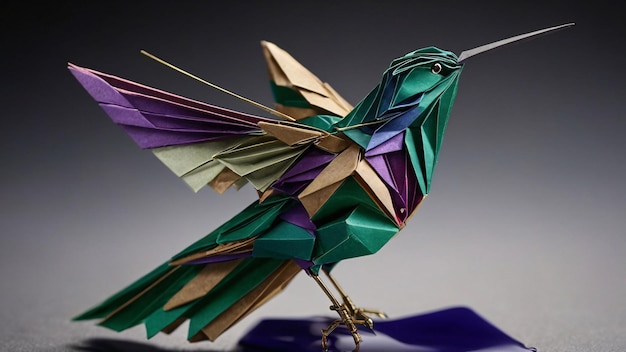 Photo colorful origami hummingbird on dark background