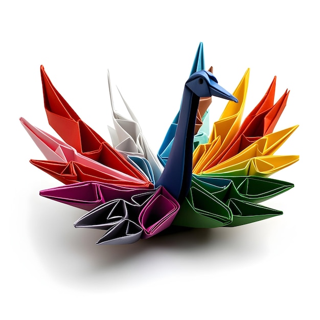 Photo colorful origami paper crane artwork with folded geometric design on white background