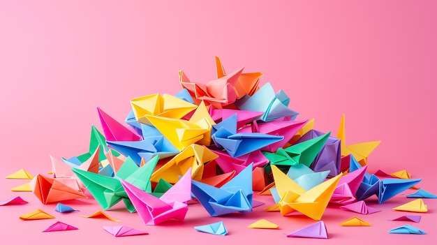 Colorful origami paper cranes on a pink background