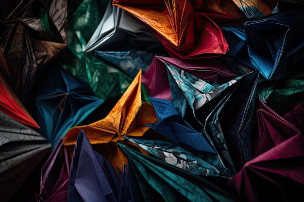 Colorful origami paper folds with intricate patterns and textures against a dark background