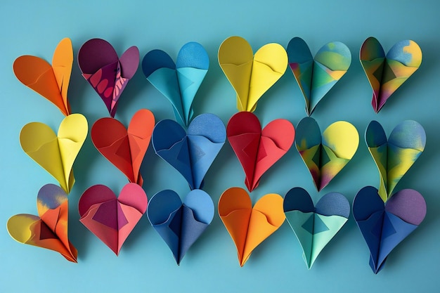 Colorful origami paper hearts on blue background top view