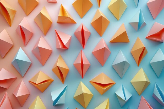 Photo colorful origami shapes arranged in a captivating geometric pattern on a vibrant backdrop