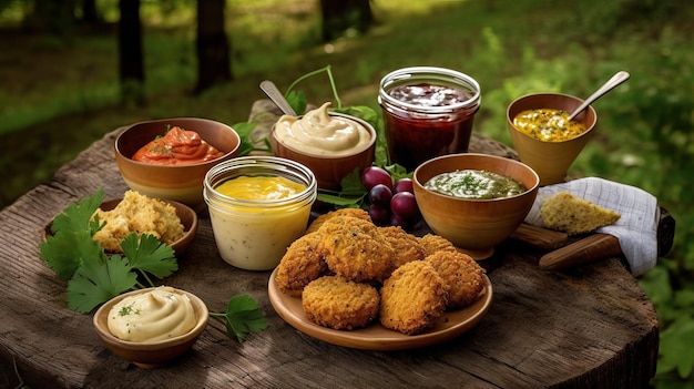 Colorful outdoor picnic ranch dipping sauce remoulade sauce and honey mustard sauce