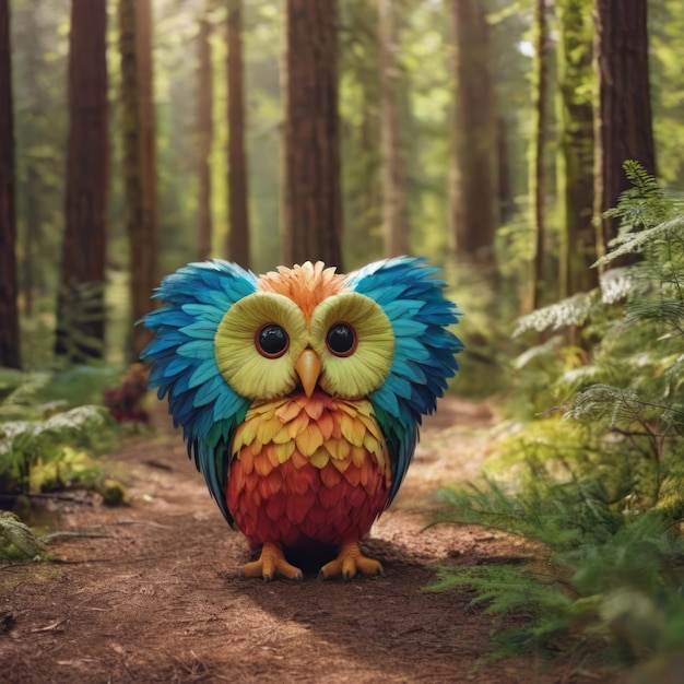 Colorful owl on dirt path surrounded by trees and ferns Vibrant feathers camera attention unique