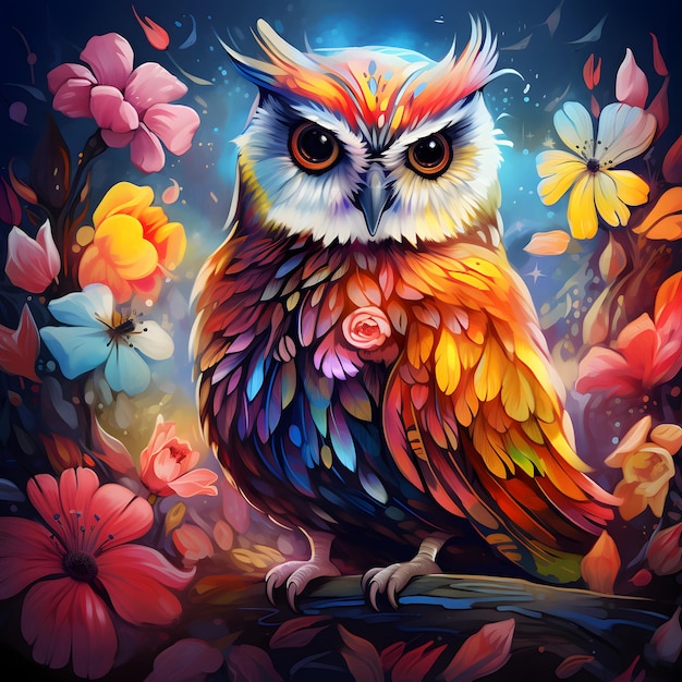 Colorful Owl and Flower Painting Glowing UHD Image with Vibrant Color Scheme and Shiny Eyes