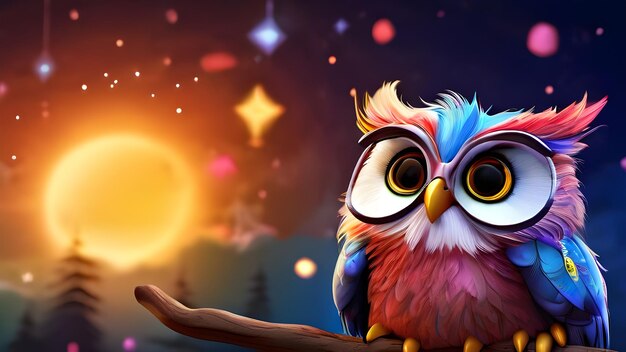 Photo a colorful owl sits on a branch with a star in the background